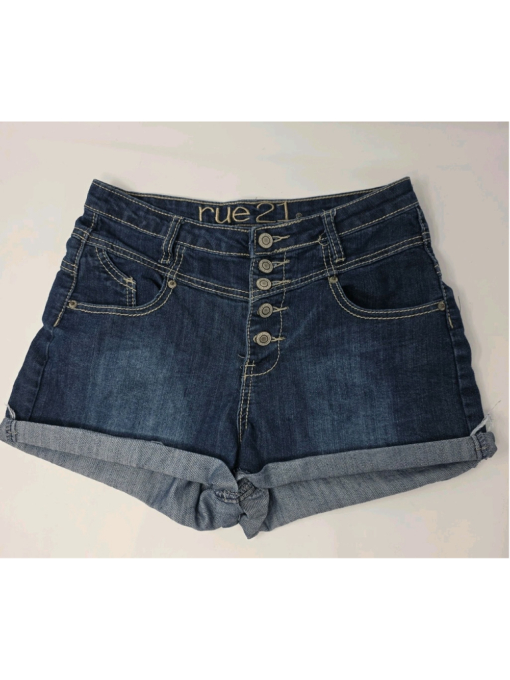 Rue 21 Blue Denim Y2K High Waisted Button Fly Shorts Sz 5/6